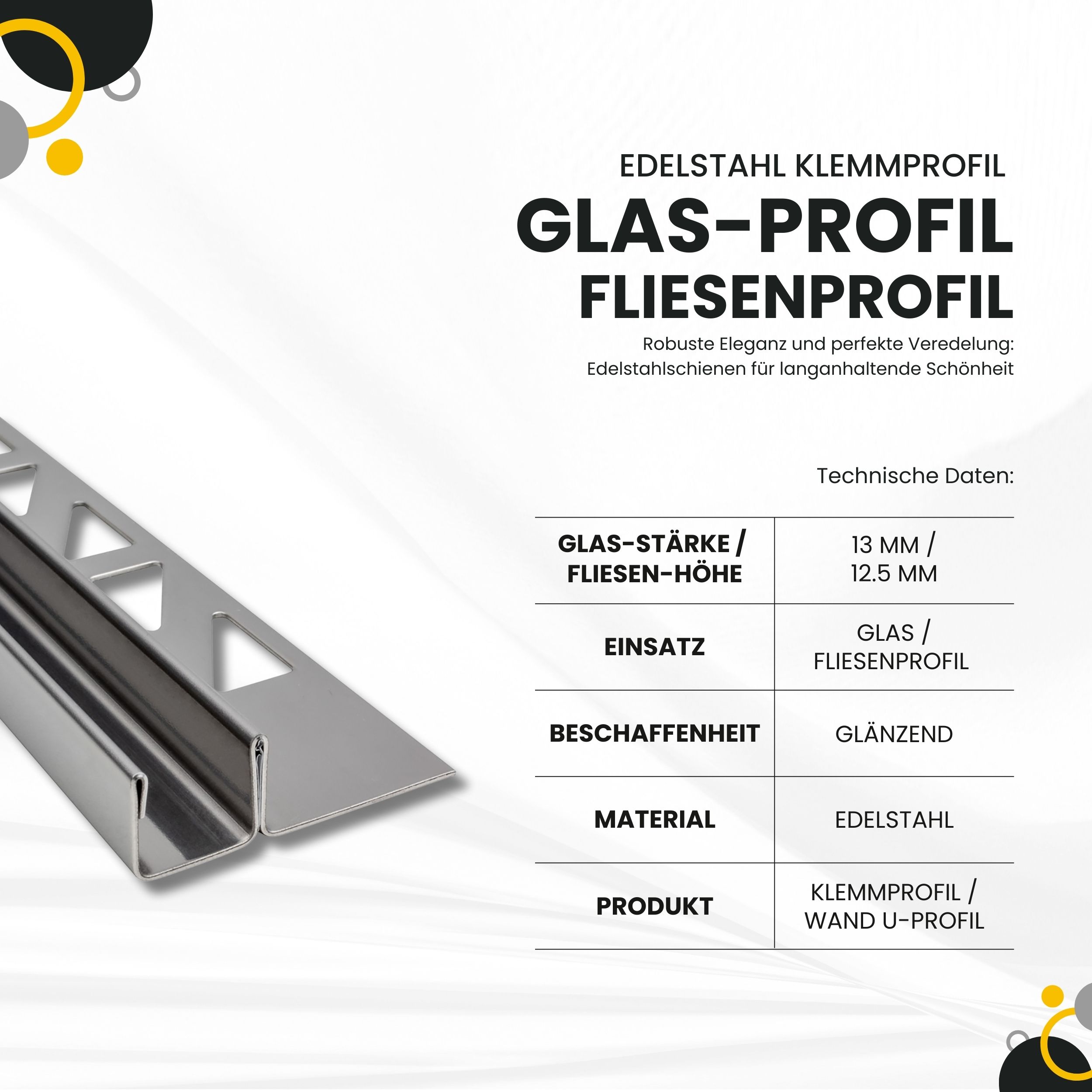 Glas-Fliesenprofil Edelstahl Klemmprofil Wandprofil V2A 2m H12.5mm 13mm-Glas glänzend Glas-Fliesenprofil Edelstahl Klemmprofil Wandprofil V2A 2m H12.5mm 13mm-Glas glänzend