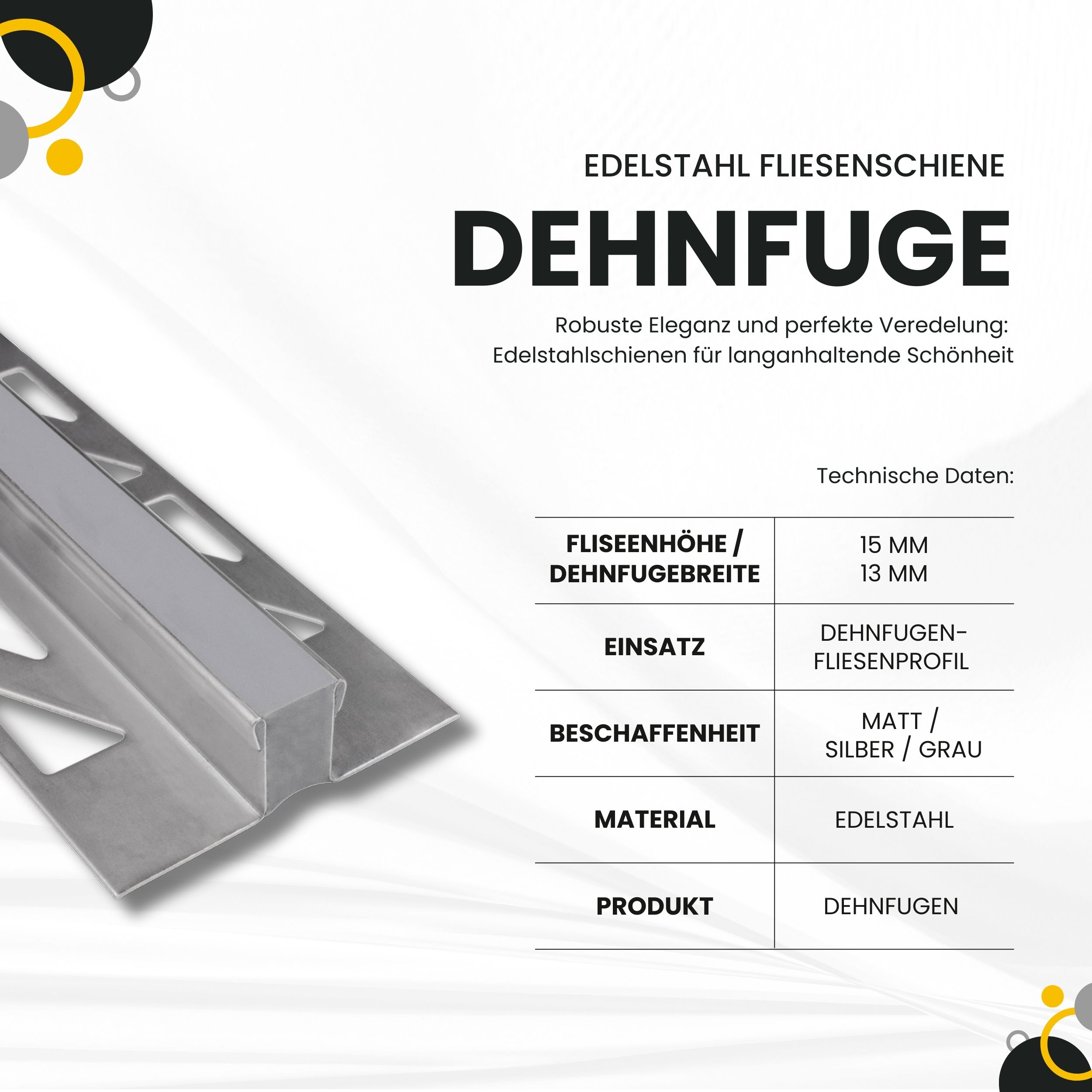 Dehnfugen Edelstahl Fliesenschiene Fliesenprofil silber matt L250cm 15mm
