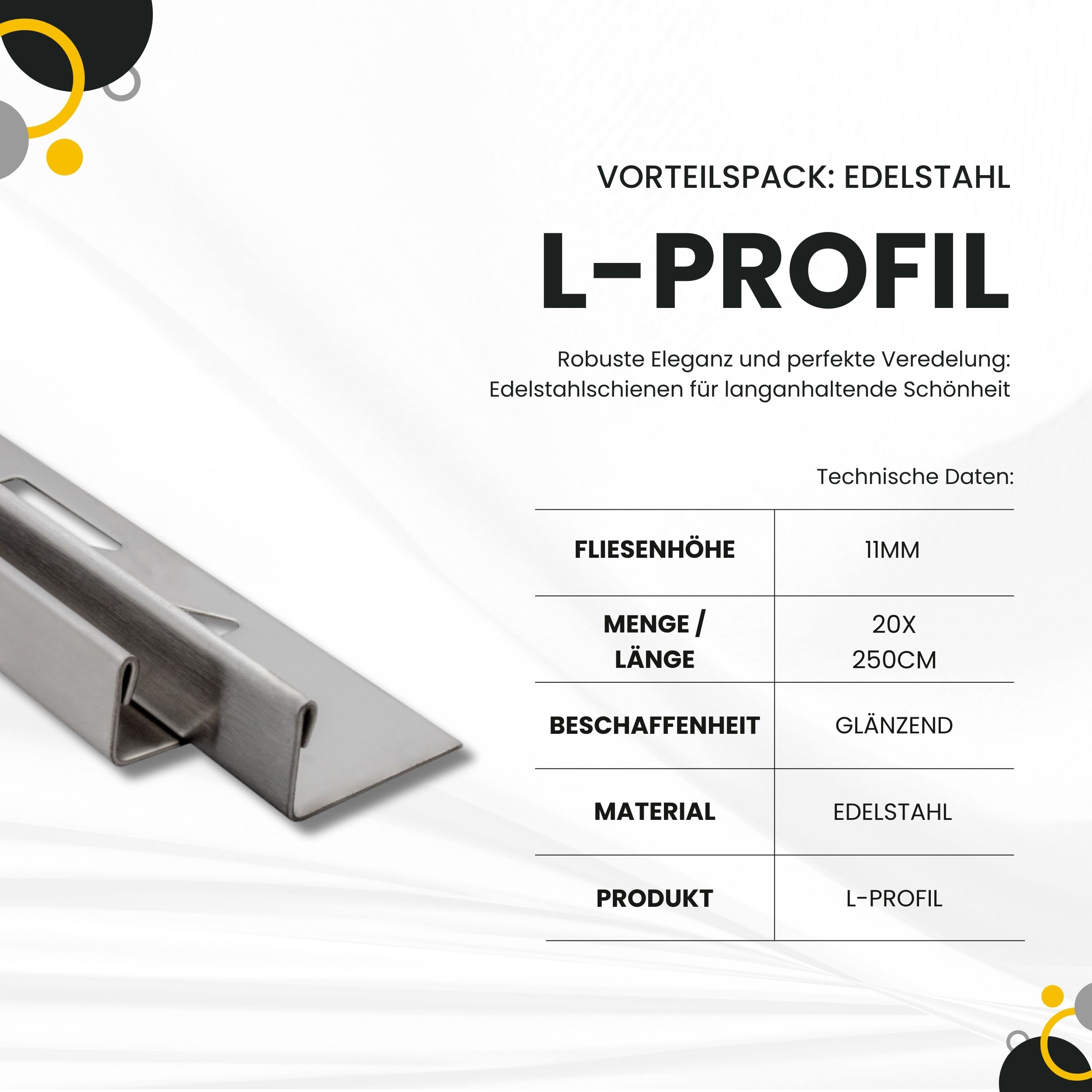 20x L-Profil Edelstahlschiene Fliesenschiene Fliesenprofil L250cm 11mm glänzend