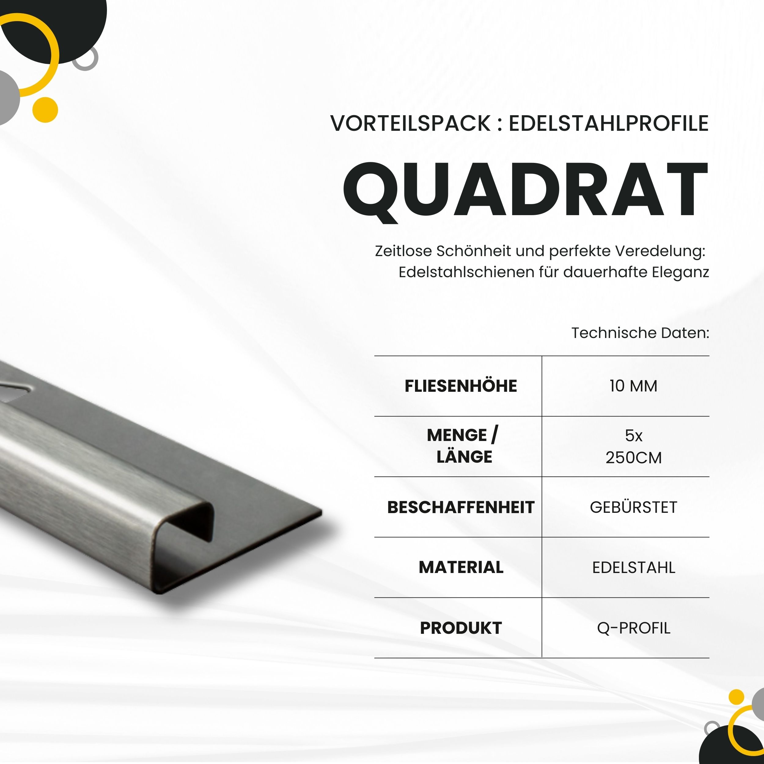 5x Quadrat Edelstahlschiene Fliesenschiene Fliesenprofil L250cm 10mm gebürstet