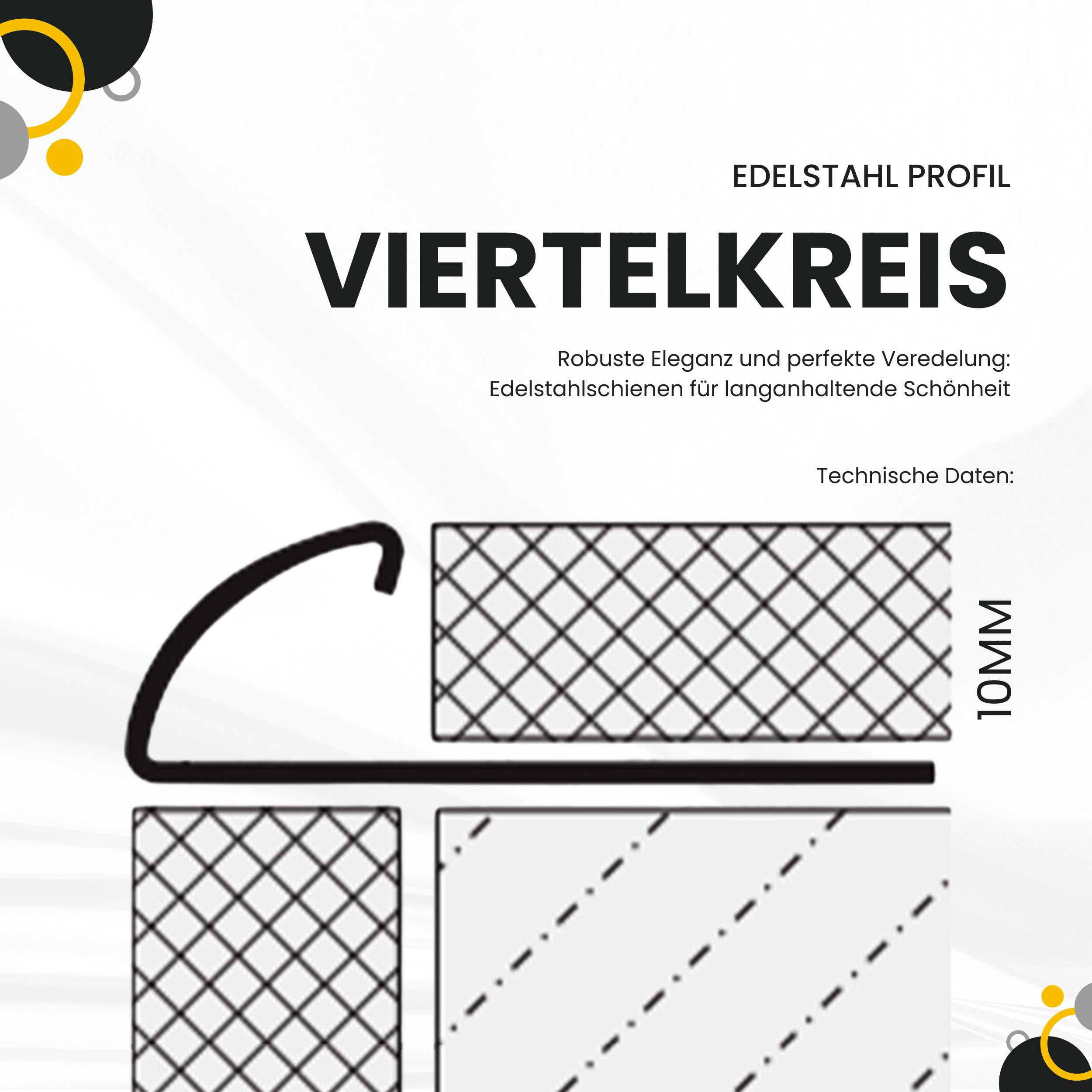 Viertelkreis Edelstahlschiene Profil Fliesenschiene Edelstahl V2A L250cm 10mm gebürstet Viertelkreis Inneneck Vollmaterial Edelstahl V2A 10mm gebürstet