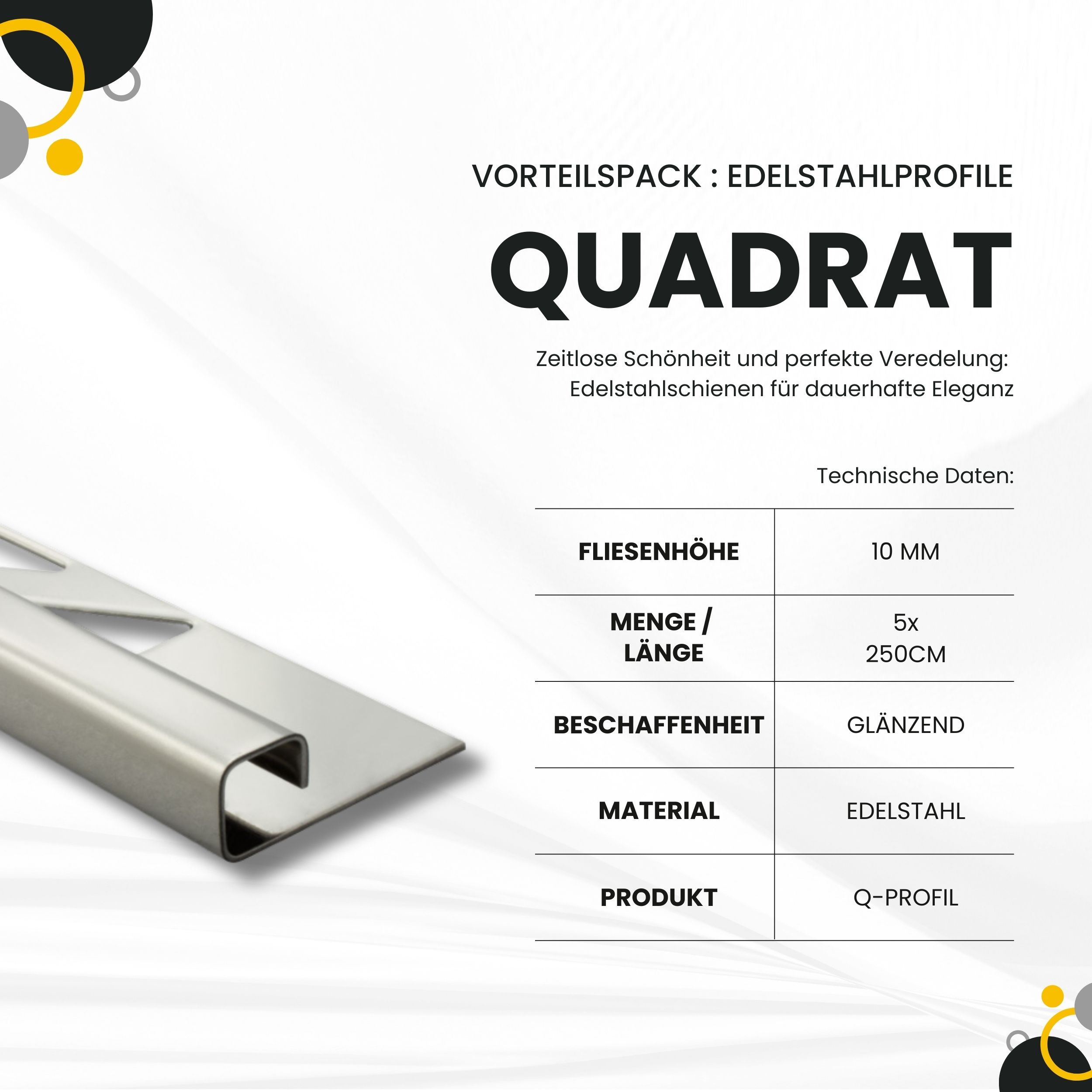 5x Quadrat Edelstahlschiene Fliesenschiene Fliesenprofil L250cm 10mm glänzend