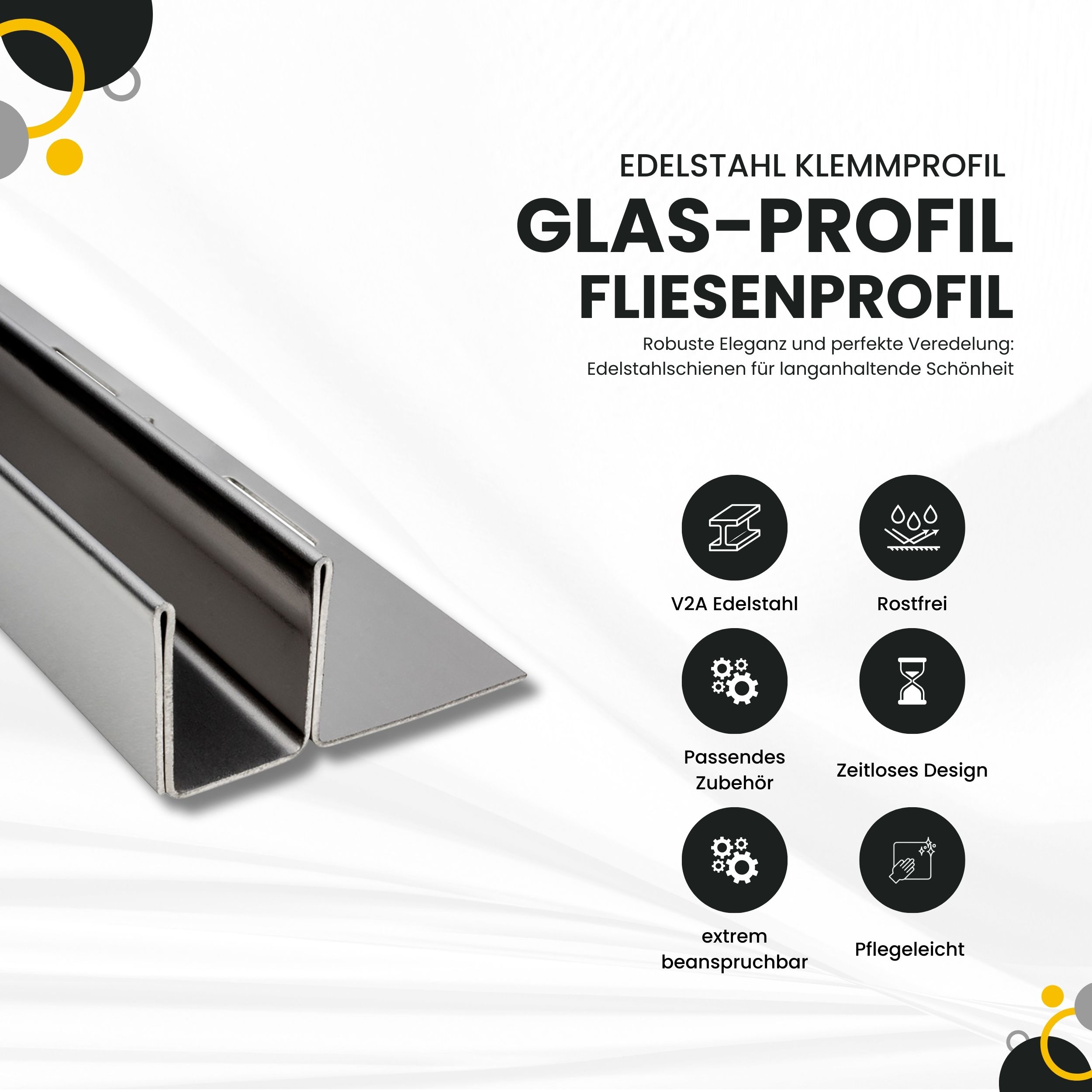 Glas-Fliesenprofil Edelstahl Klemmprofil Wandprofil V2A 2m H19mm 13mm-Glas glänzend