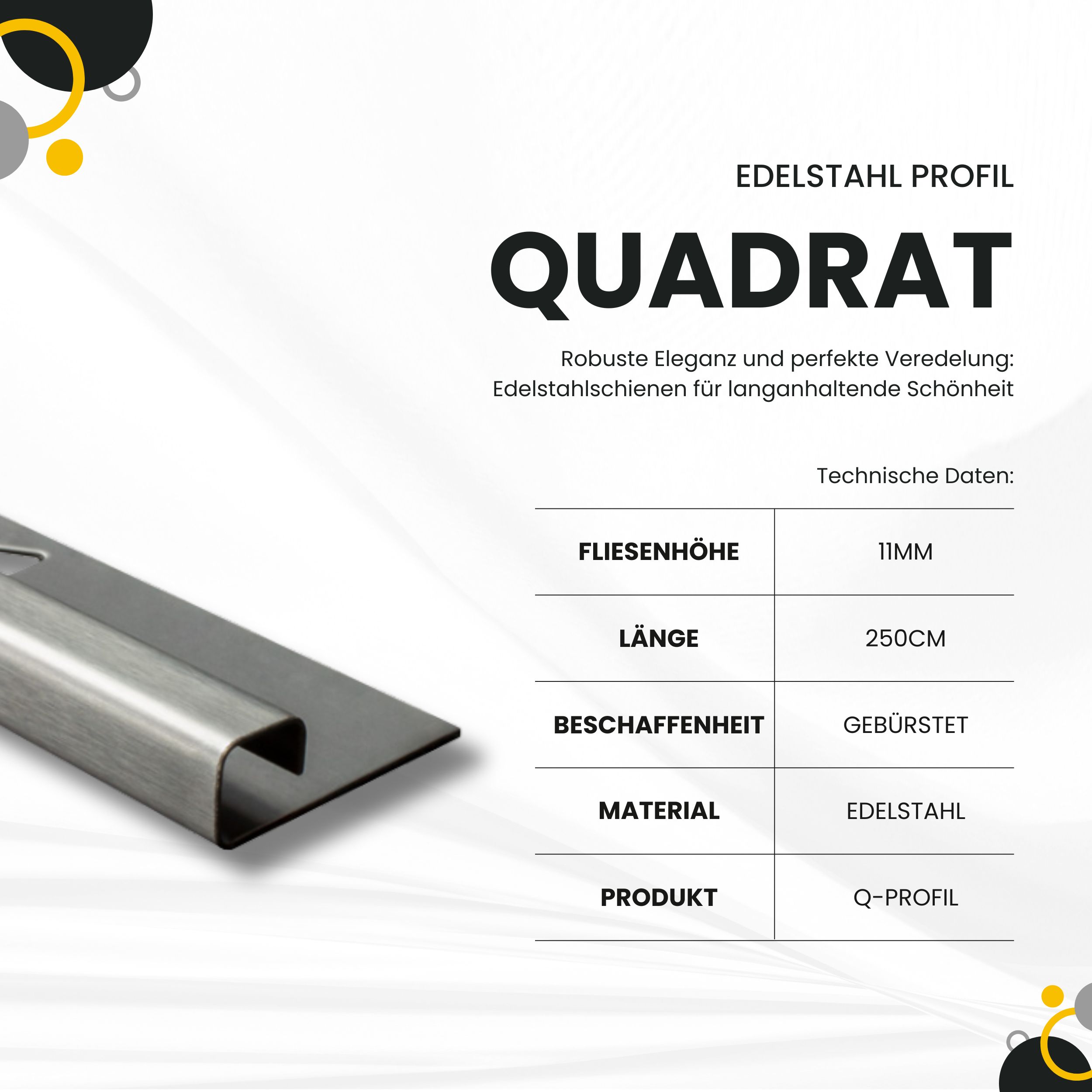 Quadrat Edelstahlschiene Profil Fliesenschiene Edelstahl V2A 2,5m 11mm gebürstet