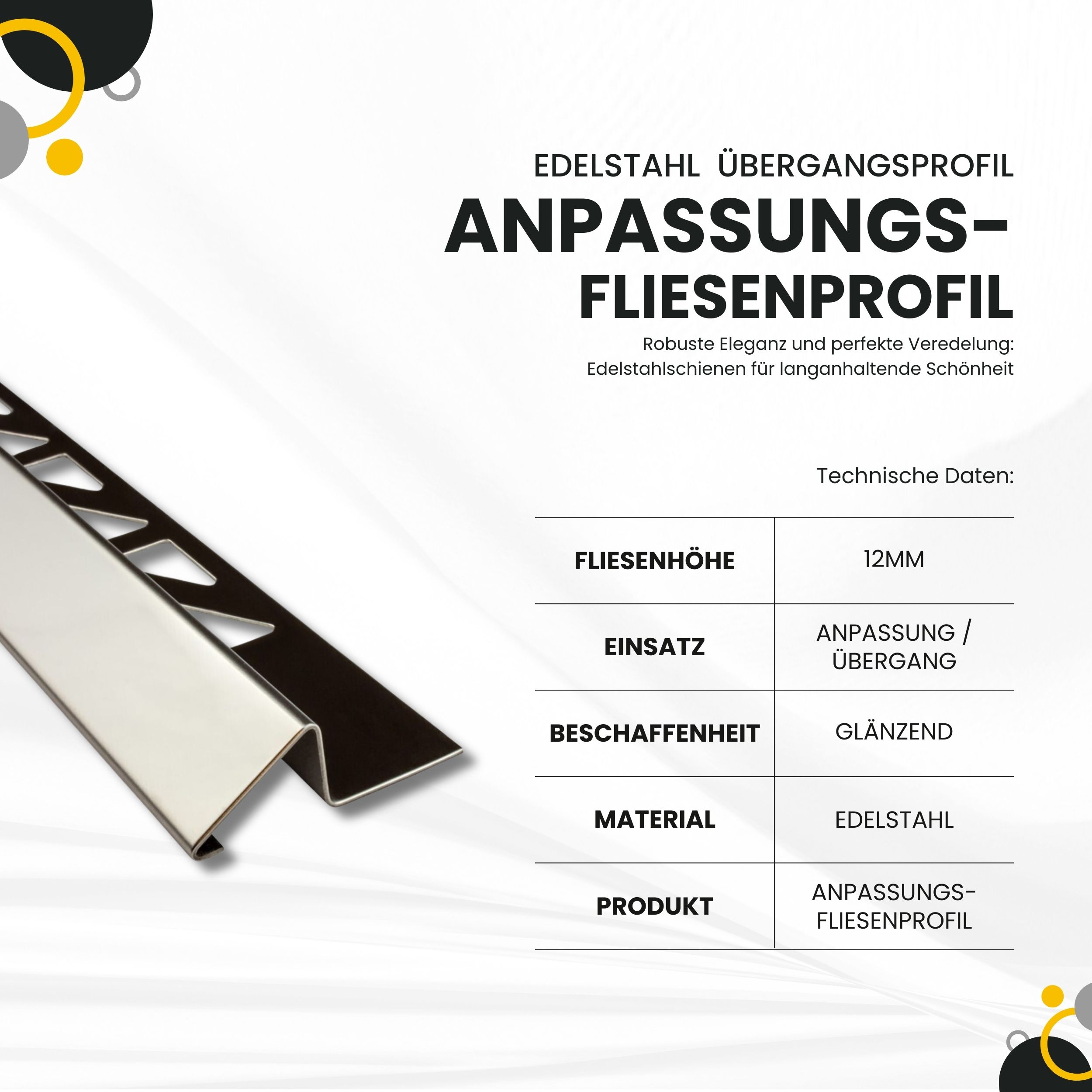 Anpassungsprofil Edelstahl Übergang Fliesenleiste Profil V2A 2,5m 12mm glänzend