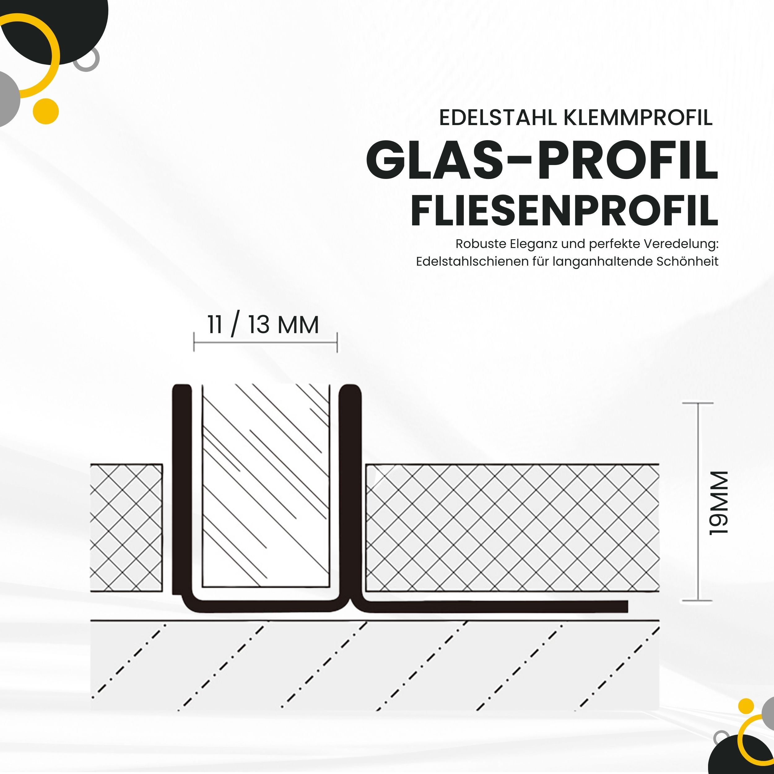 Glas-Fliesenprofil Edelstahl Klemmprofil Wandprofil V2A 2m H19mm 13mm-Glas glänzend